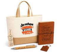 Coffret Cadeau Je refuse jamais un petit verre. Expressions Françaises | Sac Cabas Coton et Jute 18 L, Carnet, Stylo Bambou, Porte-Clés, Marque-Page | 5 Pièces | Idée Cadeau Amateur Apéro Noël Départ
