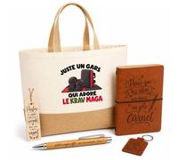 Coffret Cadeau Juste un gars qui adore le krav maga | Sac Cabas Coton et Jute 18 L, Carnet, Stylo Bambou, Porte-Clés, Marque-Page | 5 Pièces Gravées | Anniversaire Noël Pratiquant de Krav-Maga