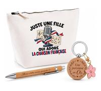 Coffret Cadeau Juste Une Fille Qui Adore la Chanson française | Trousse Coton, Stylo Bambou Gravé et Porte-Clés Bois | 3 Pièces Prêtes à Offrir | Remerciement Chanteuse Anniversaire Noël