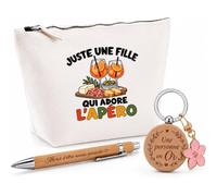 Coffret Cadeau Juste Une Fille Qui Adore l'apéro | Trousse Coton, Stylo Bambou Gravé et Porte-Clés Bois | 3 Pièces Prêtes à Offrir | Remerciement Anniversaire Noël