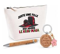 Coffret Cadeau Juste Une Fille Qui Adore Le Krav maga | Trousse Coton, Stylo Bambou Gravé et Porte-Clés Bois | 3 Pièces Prêtes à Offrir | Remerciement Pratiquante de Krav-Maga Anniversaire Noël