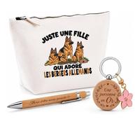 Coffret Cadeau Juste Une Fille Qui Adore Les bergers allemands | Trousse Coton, Stylo Bambou Gravé et Porte-Clés Bois | 3 Pièces Prêtes à Offrir | Remerciement Maman de Chien Anniversaire Noël