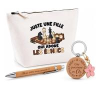 Coffret Cadeau Juste Une Fille Qui Adore Les échecs | Trousse Coton, Stylo Bambou Gravé et Porte-Clés Bois | 3 Pièces Prêtes à Offrir | Remerciement Joueuse D'Échecs Anniversaire Noël