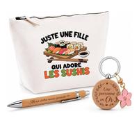 Coffret Cadeau Juste Une Fille Qui Adore Les sushis | Trousse Coton, Stylo Bambou Gravé et Porte-Clés Bois | 3 Pièces Prêtes à Offrir | Remerciement Gourmande Anniversaire Noël
