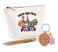 Coffret Cadeau Juste Une Fille Qui Adore Paris | Trousse Coton, Stylo Bambou Gravé et Porte-Clés Bois | 3 Pièces Prêtes à Offrir | Remerciement Parisienne Anniversaire Noël