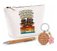 Coffret Cadeau Krav Maga Pourquoi Je perds | Trousse Coton, Stylo Bambou Gravé et Porte-Clés Bois | 3 Pièces Prêtes à Offrir | Remerciement Anniversaire Noël