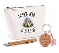 Coffret Cadeau La Montagne C'est la Vie | Trousse Coton, Stylo Bambou Gravé et Porte-Clés Bois | 3 Pièces Prêtes à Offrir | Remerciement Montagnard Montagnarde Anniversaire Noël