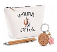 Coffret Cadeau La Pole Dance C'est la Vie | Trousse Coton, Stylo Bambou Gravé et Porte-Clés Bois | 3 Pièces Prêtes à Offrir | Remerciement Danseuse Anniversaire Noël