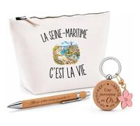 Coffret Cadeau La Seine-Maritime c’est la Vie | Trousse Coton, Stylo Bambou Gravé et Porte-Clés Bois | 3 Pièces Prêtes à Offrir | Remerciement Anniversaire Noël
