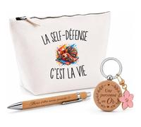Coffret Cadeau La Self-Défense c’est la Vie | Trousse Coton, Stylo Bambou Gravé et Porte-Clés Bois | 3 Pièces Prêtes à Offrir | Remerciement Combattant Combattante Anniversaire Noël