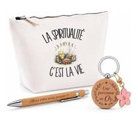 Coffret Cadeau La spiritualité C'est la Vie | Trousse Coton, Stylo Bambou Gravé et Porte-Clés Bois | 3 Pièces Prêtes à Offrir | Remerciement Chercheur de Sens Anniversaire Noël