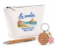 Coffret Cadeau La Vendée, Toujours Une Bonne idée | Trousse Coton, Stylo Bambou Gravé et Porte-Clés Bois | 3 Pièces Prêtes à Offrir | Remerciement Vendéen Vendéenne Anniversaire Noël