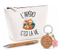 Coffret Cadeau L'apéro C'est la Vie | Trousse Coton, Stylo Bambou Gravé et Porte-Clés Bois | 3 Pièces Prêtes à Offrir | Remerciement Bon Vivant Bonne Vivante Anniversaire Noël