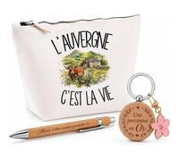 Coffret Cadeau L'Auvergne C'est la Vie | Trousse Coton, Stylo Bambou Gravé et Porte-Clés Bois | 3 Pièces Prêtes à Offrir | Remerciement Auvergnat Auvergnate Anniversaire Noël