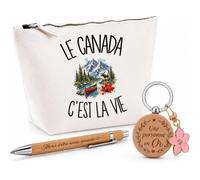 Coffret Cadeau Le Canada C'est la Vie | Trousse Coton, Stylo Bambou Gravé et Porte-Clés Bois | 3 Pièces Prêtes à Offrir | Remerciement Amoureux et Amoureuse du Québec Anniversaire Noël