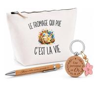 Coffret Cadeau Le Fromage Qui PUE c’est la Vie | Trousse Coton, Stylo Bambou Gravé et Porte-Clés Bois | 3 Pièces Prêtes à Offrir | Remerciement Anniversaire Noël