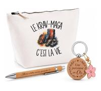 Coffret Cadeau Le Krav-maga C'est la Vie | Trousse Coton, Stylo Bambou Gravé et Porte-Clés Bois | 3 Pièces Prêtes à Offrir | Remerciement Combattant Combattante Anniversaire Noël