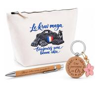 Coffret Cadeau Le Krav maga, Toujours Une Bonne idée | Trousse Coton, Stylo Bambou Gravé et Porte-Clés Bois | 3 Pièces Prêtes à Offrir