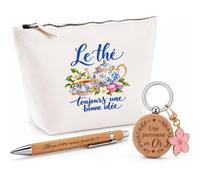 Coffret Cadeau Le thé, Toujours Une Bonne idée | Trousse Coton, Stylo Bambou Gravé et Porte-Clés Bois | 3 Pièces Prêtes à Offrir | Remerciement Amateur et Amatrice de Thé Anniversaire Noël