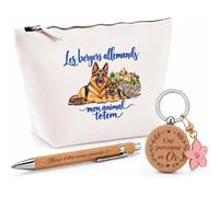 Coffret Cadeau Les bergers allemands, Mon Animal Totem | Trousse Coton, Stylo Bambou Gravé et Porte-Clés Bois | 3 Pièces Prêtes à Offrir | Remerciement Propriétaire de Chien Anniversaire Noël