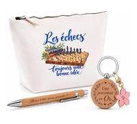 Coffret Cadeau Les échecs, Toujours Une Bonne idée | Trousse Coton, Stylo Bambou Gravé et Porte-Clés Bois | 3 Pièces Prêtes à Offrir | Remerciement Joueur et Joueuse D'Échecs Anniversaire Noël