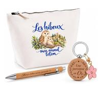 Coffret Cadeau Les hiboux, Mon Animal Totem | Trousse Coton, Stylo Bambou Gravé et Porte-Clés Bois | 3 Pièces Prêtes à Offrir | Remerciement Amoureux et Amoureuse des Animaux Anniversaire Noël