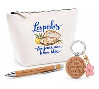 Coffret Cadeau Les Perles, Toujours Une Bonne idée | Trousse Coton, Stylo Bambou Gravé et Porte-Clés Bois | 3 Pièces Prêtes à Offrir | Remerciement Créateur et Créatrice de Bijoux Anniversaire Noël