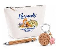 Coffret Cadeau Les Renards, Mon Animal Totem | Trousse Coton, Stylo Bambou Gravé et Porte-Clés Bois | 3 Pièces Prêtes à Offrir | Remerciement Amoureux et Amoureuse des Animaux Anniversaire Noël