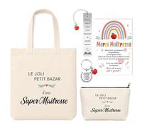 Coffret Cadeau Maitresse d'École Fin d'Année, Sac Merci Maitresse Tote Bag, Marque Page Maitresse d'École & Porte Clef Maitresse, Idée Cadeau Professeur pour Fin d'Année Scolaire, Noël, Thanksgiving