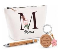Coffret Cadeau Maria | Trousse Coton, Stylo Bambou Gravé et Porte-Clés Bois | 3 Pièces Prêtes à Offrir | Remerciement Anniversaire Noël