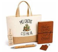 Coffret Cadeau Mes cactus c'est ma vie | Sac Cabas Coton et Jute 18 L, Carnet, Stylo Bambou, Porte-Clés, Marque-Page | 5 Pièces Gravées | Anniversaire Noël Amoureux et Amoureuse des Plantes Grasses