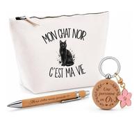 Coffret Cadeau Mon Chat Noir C'est ma Vie | Trousse Coton, Stylo Bambou Gravé et Porte-Clés Bois | 3 Pièces Prêtes à Offrir | Remerciement Amoureux et Amoureuse des Félins Anniversaire Noël