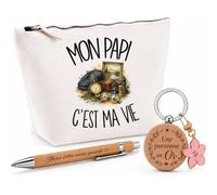 Coffret Cadeau Mon Papi C'est ma Vie | Trousse Coton, Stylo Bambou Gravé et Porte-Clés Bois | 3 Pièces Prêtes à Offrir | Remerciement Grand-père Anniversaire Noël