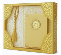 Coffret Cadeau Musulman Tapis de priere Musulman (Tapis de prière, Livre de sourate avec Son Sac, tesbih, zikirmatik) Islam seccade (Gold)