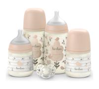 Suavinex, Set Biberons Nouveau-né, Coffret Cadeau avec : 2 x 270 ml Débit Moyen + 2 x 150 ml Débit Lent + Sucette de 0 à 6 Mois, Tétines Symétriques SX Pro en Silicone, 5 Pièces, +0M, Birdies Rose