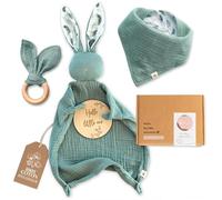 Coffret Cadeau Naissance Bébé Mikito - Doudou Lapin, Bavoir Bandana, Mordedor Bois & Carte - 100% Coton Bio Certifié OEKO-TEX et GOTS - Cadeau pour Fille & Garçon