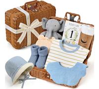 Coffret Cadeau Naissance Garçon avec Barboteuse Bébé Peluche Éléphant Lange Bavoir Bonnet Chaussettes Hautes Cartes de Jalons en Bois Panier en Bambou, Baby Shower Naissance Coffret (Panier en Bambou)