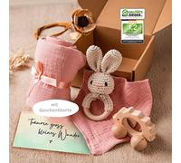Coffret cadeau naissance pour fille - hochet lapin - voiture de jeu hérisson, bavoir, mousseline