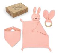 Coffret Cadeau Naissance Bébé - Kit pour fille et garcon avec doudou bebe anneau de dentition et bavoir doux cadeau ideal baby shower et premier age Rose