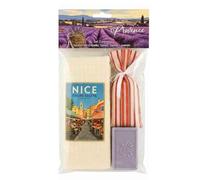 Coffret Cadeau Nice Cours Saleya avec torchon nid d’Abeille écru, Savon et Sachet de lavandin