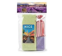 Coffret Cadeau Nice Cours Saleya avec torchon nid d’Abeille Vert, Savon et Sachet de lavandin