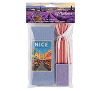 Coffret Cadeau Nice Cours Saleya avec torchon nid d'abeille Bleu, Savon et Sachet de lavandin