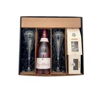 Coffret Cadeau noir - Champagne Marquis de Pomereuil -1 Rosé - Cacaotines (1x150g) et Raisins au sauternes (1x100g) MAISON GUINGUET - 2 flûtes CHEF SOMMELIER