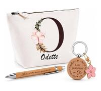 Coffret Cadeau Odette | Trousse Coton, Stylo Bambou Gravé et Porte-Clés Bois | 3 Pièces Prêtes à Offrir | Remerciement Anniversaire Noël