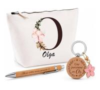 Coffret Cadeau Olga | Trousse Coton, Stylo Bambou Gravé et Porte-Clés Bois | 3 Pièces Prêtes à Offrir | Remerciement Anniversaire Noël