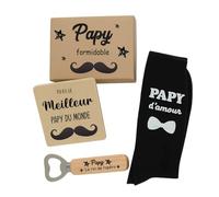 Coffret cadeau Papy - Box “Papy formidable” avec chaussettes, décapsuleur bois “Papy le roi de l’apéro”, dessous de verre “Meilleur papy du monde” - Idée cadeau papy anniversaire fête des grands-pères