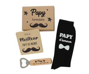 Coffret cadeau Papy - Box “Papy formidable” avec chaussettes, décapsuleur bois “Papy le roi de l’apéro”, dessous de verre “Meilleur papy du monde” - Idée cadeau papy anniversaire fête des grands-pères