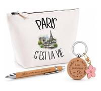 Coffret Cadeau Paris C'est la Vie | Trousse Coton, Stylo Bambou Gravé et Porte-Clés Bois | 3 Pièces Prêtes à Offrir | Remerciement Parisien Parisienne Anniversaire Noël