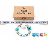 Coffret cadeau personnalisé de naissance pour bébé avec nom - Boîte à souvenirs en bois, ruban en satin imprimé et chaîne à tétine - Monstre