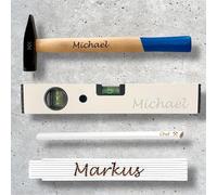 Coffret cadeau personnalisé marteau 200 g + mètre pliant + niveau à bulle + crayon | avec nom | Gravure artisan constructeur fête des pères papa grand-père homme bricolage Noël coffret cadeau hommes